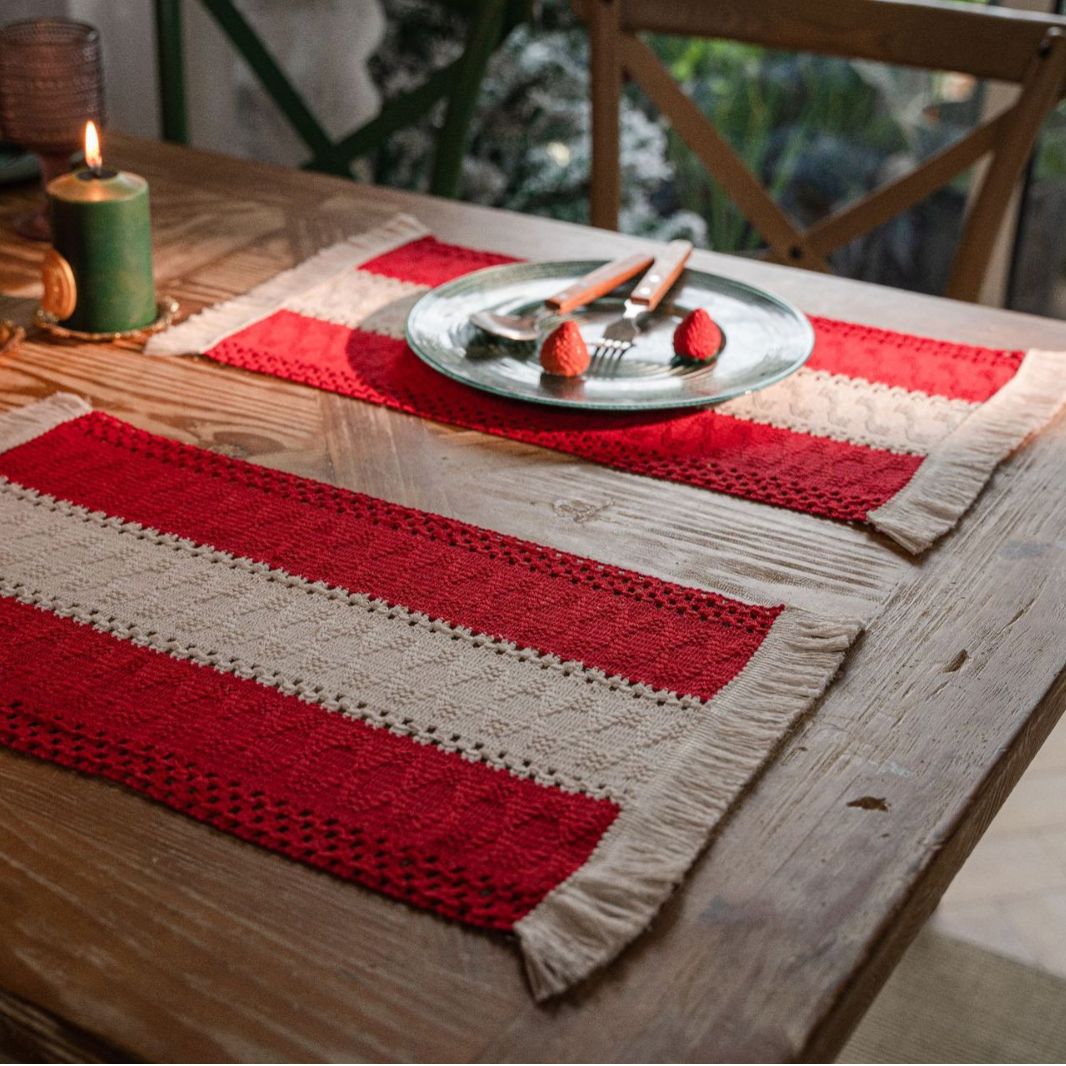 Cotton Braided Striped Tassel Christmas Placemat