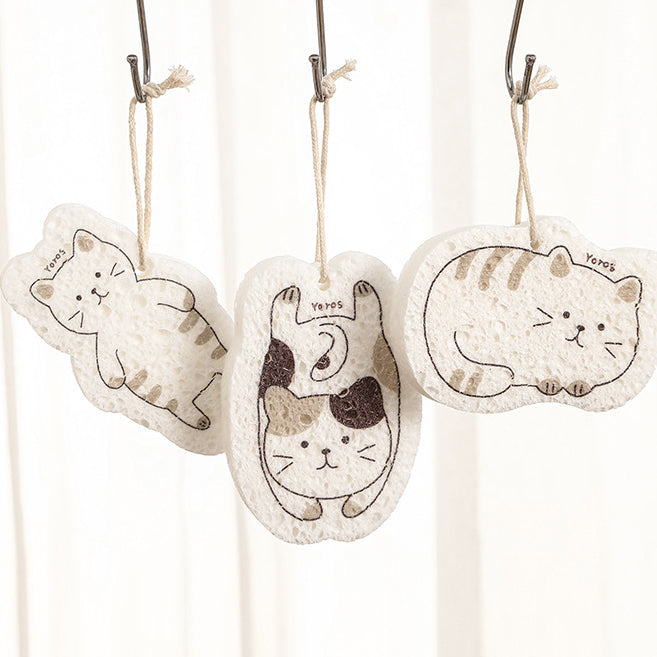 Cartoon Kitten Print Wood Pulp Sponge Wipe