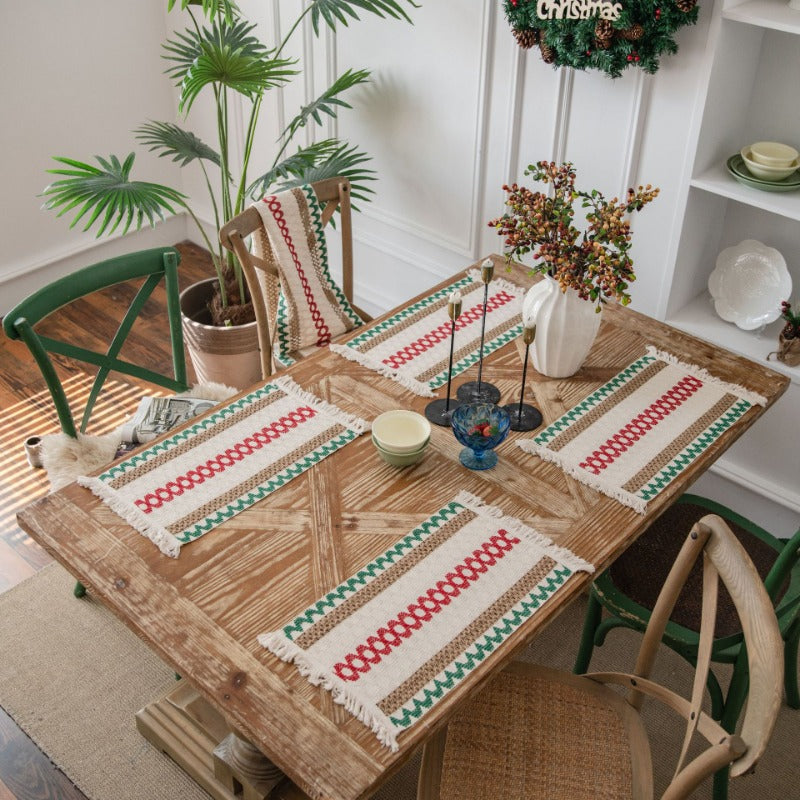 Flax Woven Striped Tassel Festive Placemat