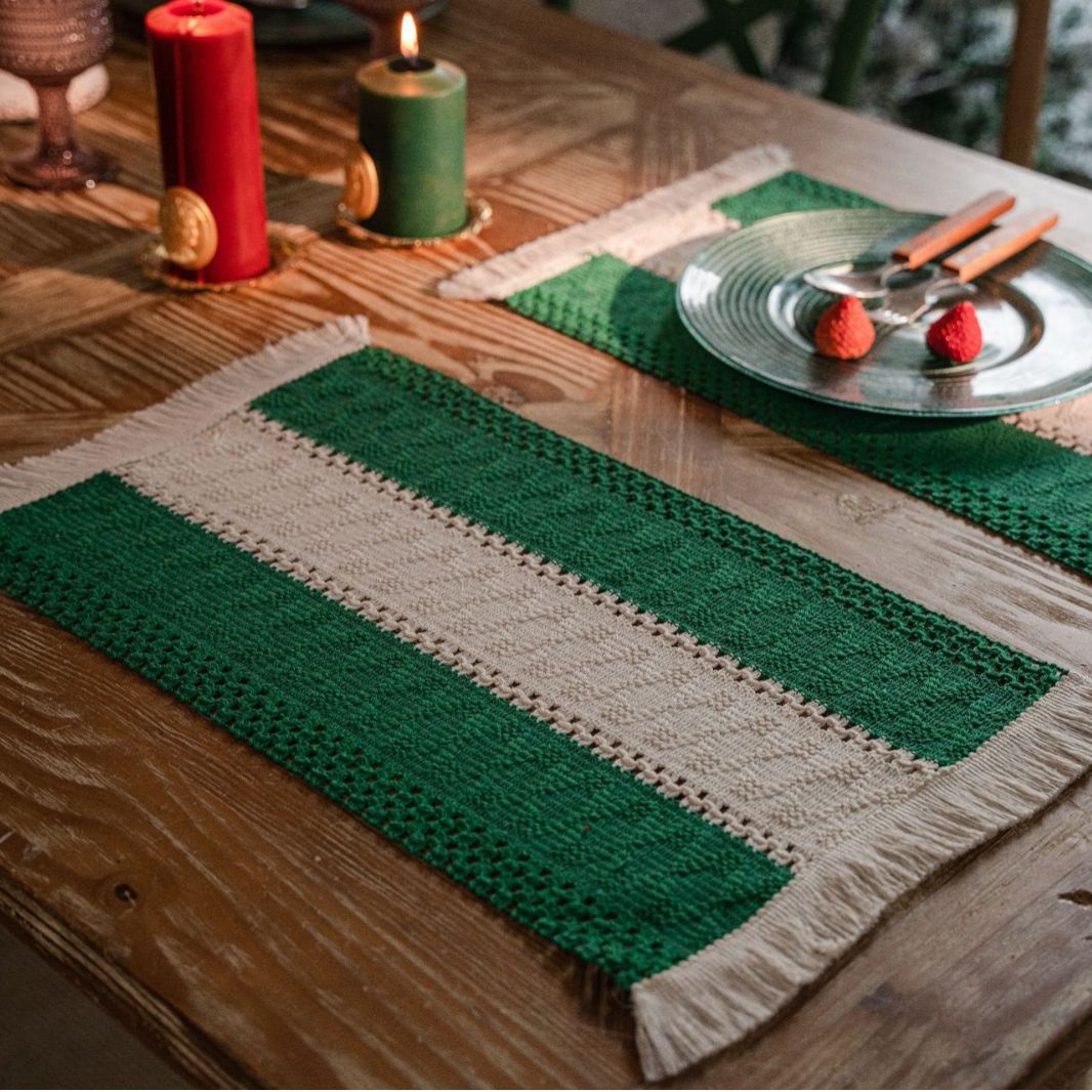 Cotton Braided Striped Tassel Christmas Placemat